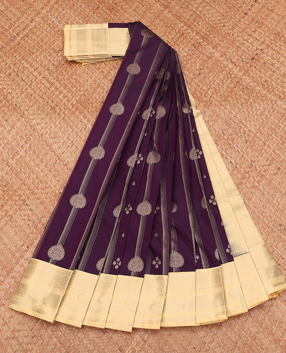 Purple Budget Silk Saree, Bedecked with Zari Designs, Complemented by a Contrast Traditional Zari Border, Grand Pallu, and a Contrast Blouse