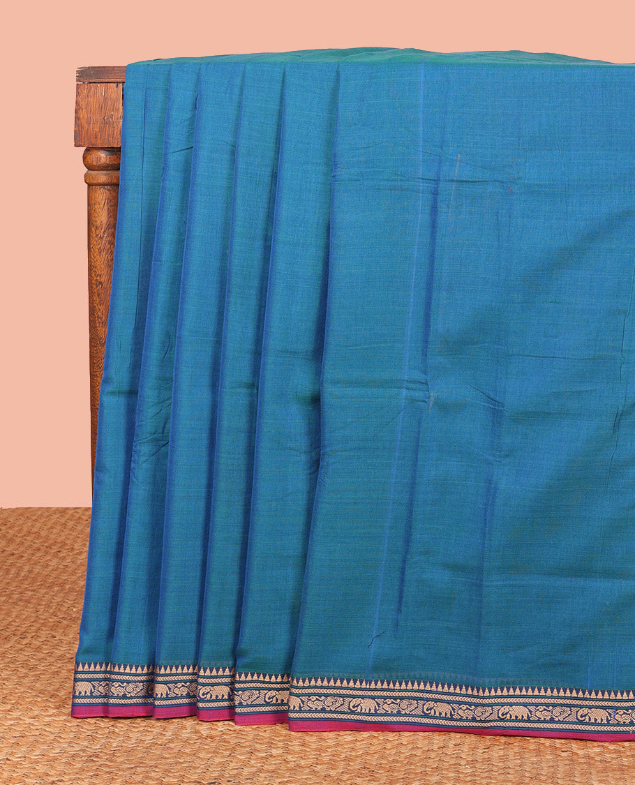 Blue Plain Narayanpet Cotton Saree, Complemented by a Contrast Temple Thread Woven Border of Elephant and Peacock Designs, Subtly Striped Pallu, and Paired with a Matching Blouse