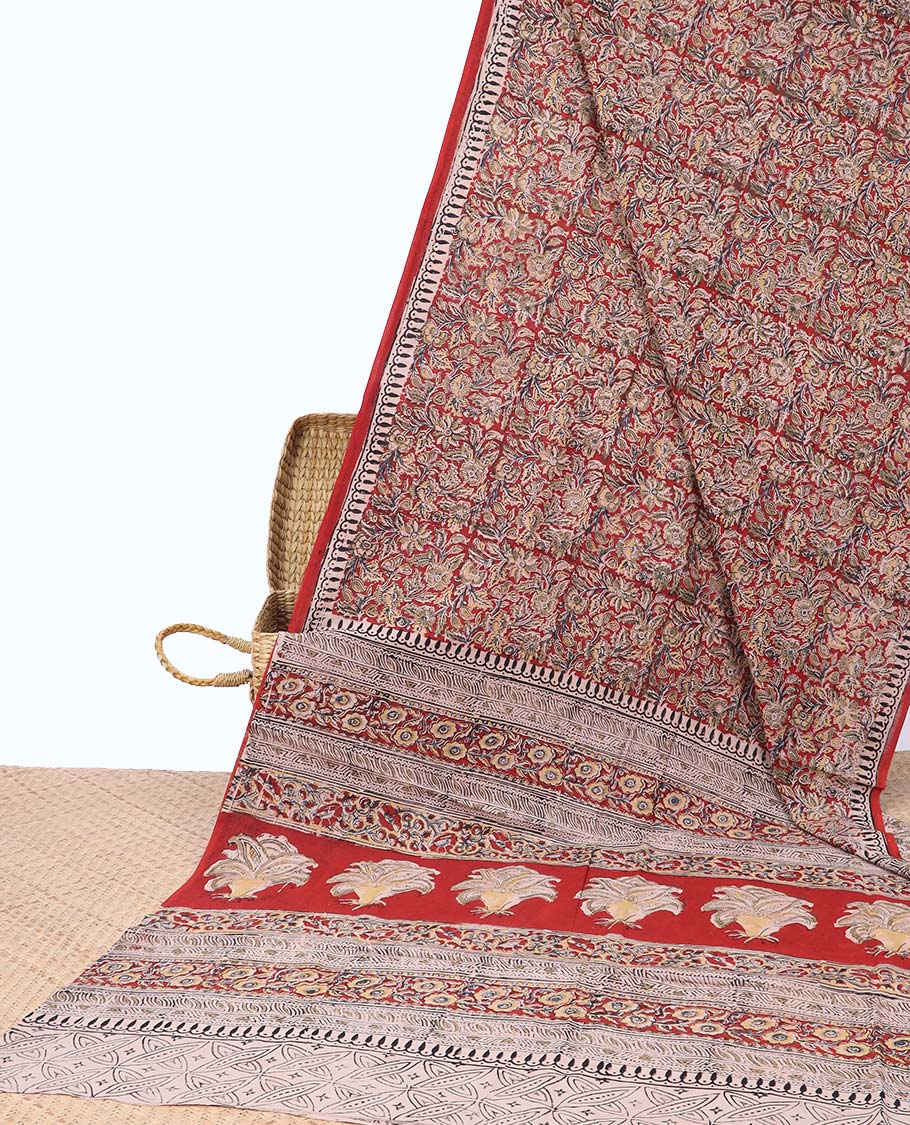 Red floral design machine-printed kalamkari cotton saree with contrast intricate temple design border & floral design pallu