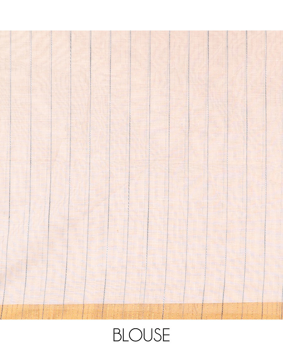 Cream plain jute cotton saree, zari border, and striped pallu