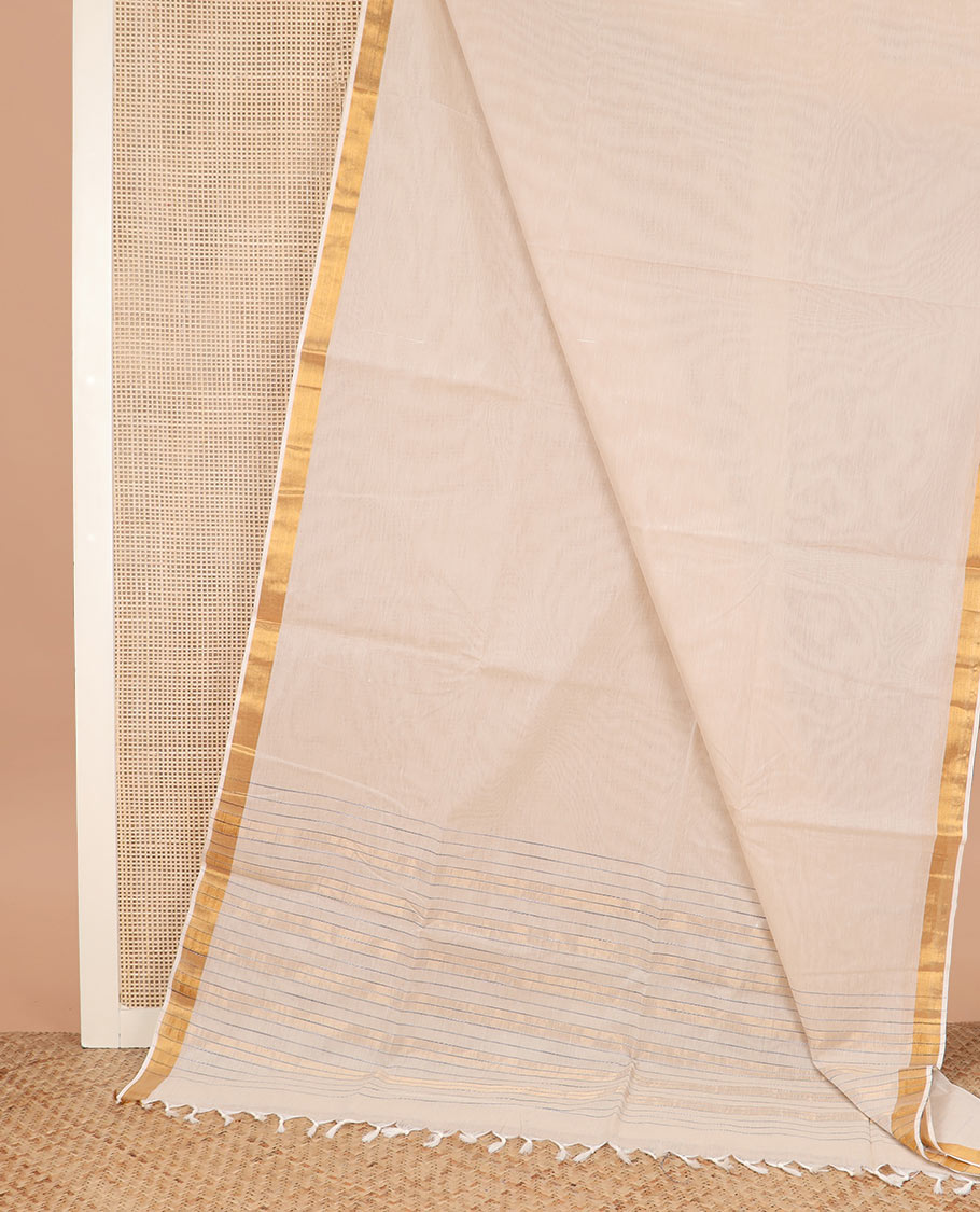Cream plain jute cotton saree, zari border, and striped pallu