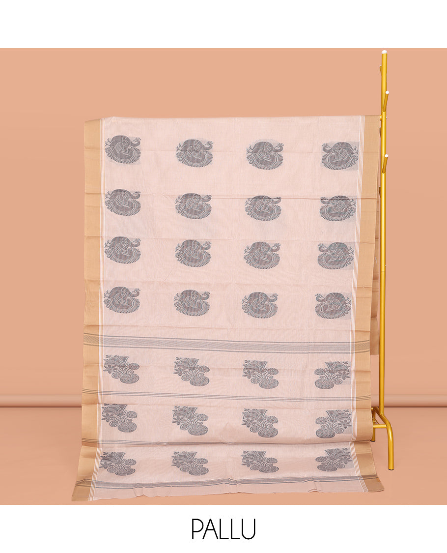 White Kanchi Cotton Saree, Prettified with Peacock Buttas All Over Its Body, Complemented by a Contrast Border, Pallu of Stripes and Buttas, and Paired with a Matching Blouse