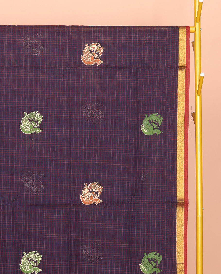 Blue Venkatagiri Cotton Saree, Styled with Peacock Buttas and Checks, a Contrast Traditional Zari Border, Pallu of Peacock Buttas and Stripes, and No Blouse