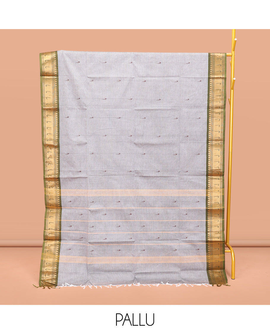 Grey Chettinad Cotton Saree, Steeped with Muniya Buttas On Its Body, Complemented by a Contrast Traditional Muniya Border, Pallu of Stripes, and Paired with a Matching Blouse