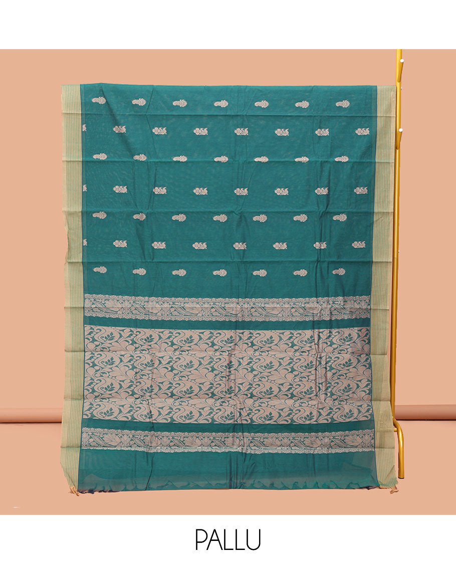 Green Kanchi Cotton Saree, Adorned with Buttas, Complemented by a Contrast Border, Paisley-Floral Pallu, and a Matching Blouse