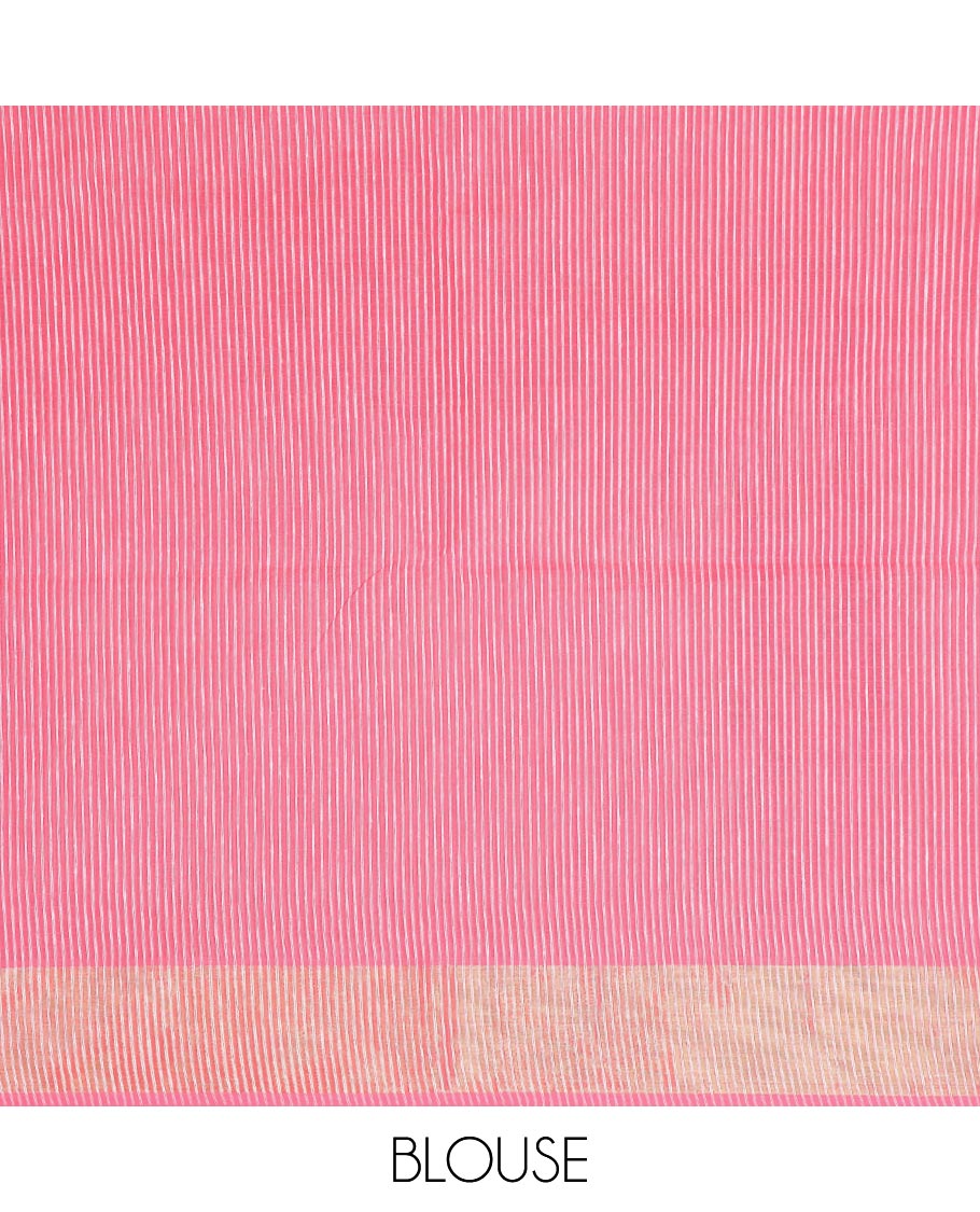 Pink vertical & horizontal striped jute cotton saree, golden zari border & striped pallu