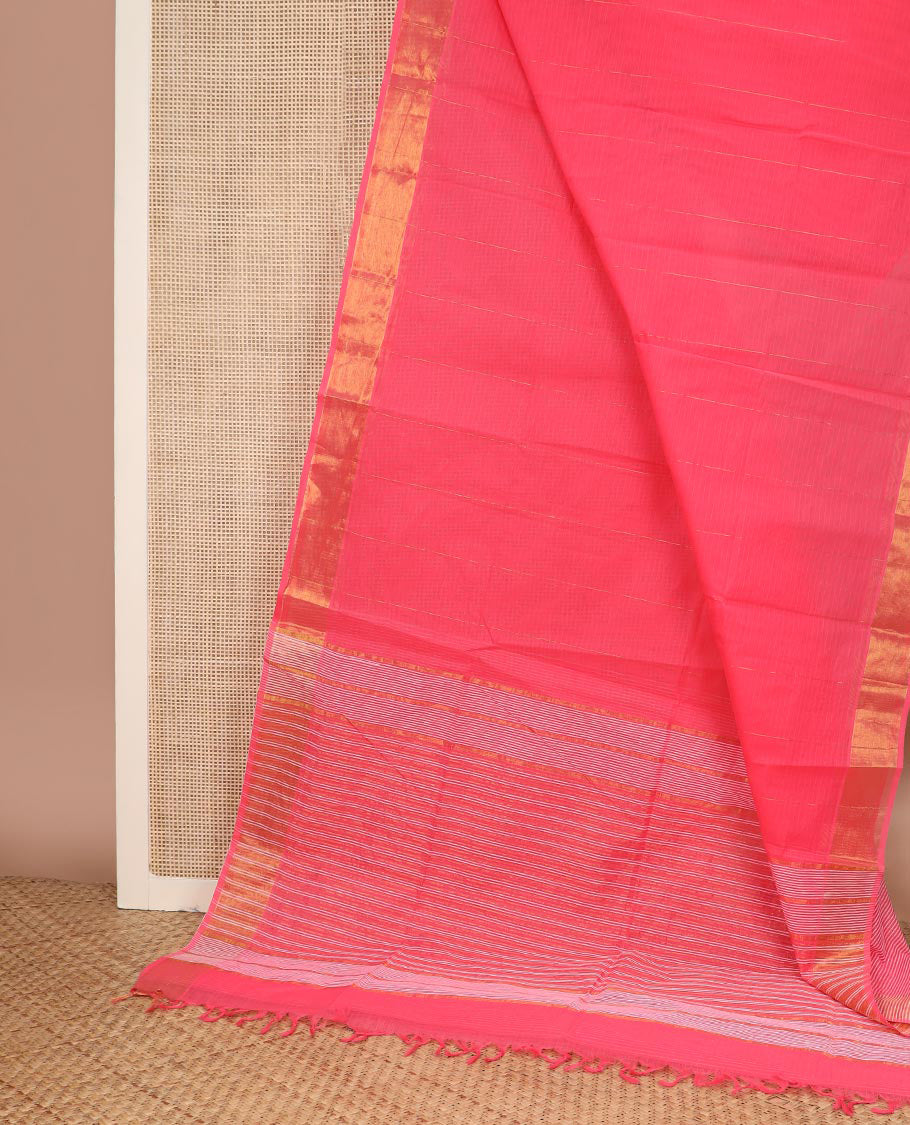 Pink vertical & horizontal striped jute cotton saree, golden zari border & striped pallu