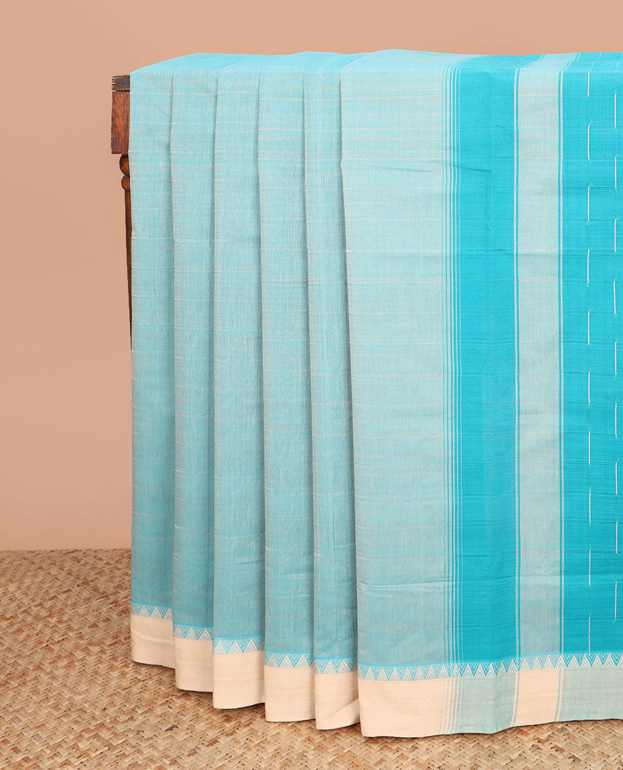 Blue checked Andhra cotton saree, contrast temple border, and pallu of buttas