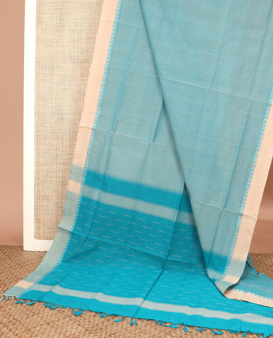 Blue checked Andhra cotton saree, contrast temple border, and pallu of buttas