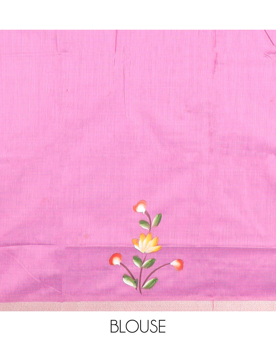 Blue hand-brush painting style floral motifs printed Chirala cotton saree, bavanji border, and hand-brush painting floral motifs printed pallu