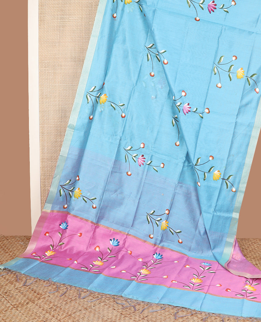 Blue hand-brush painting style floral motifs printed Chirala cotton saree, bavanji border, and hand-brush painting floral motifs printed pallu