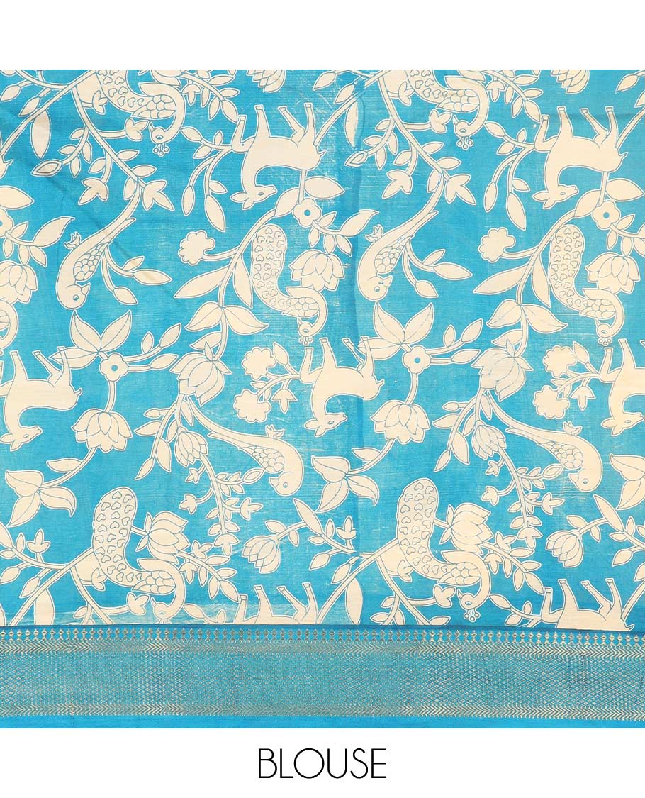 Light sandal kalamkari floral and peacock machine printed kalamkari cotton saree, contrast traditional zari border, and pallu of peacock print