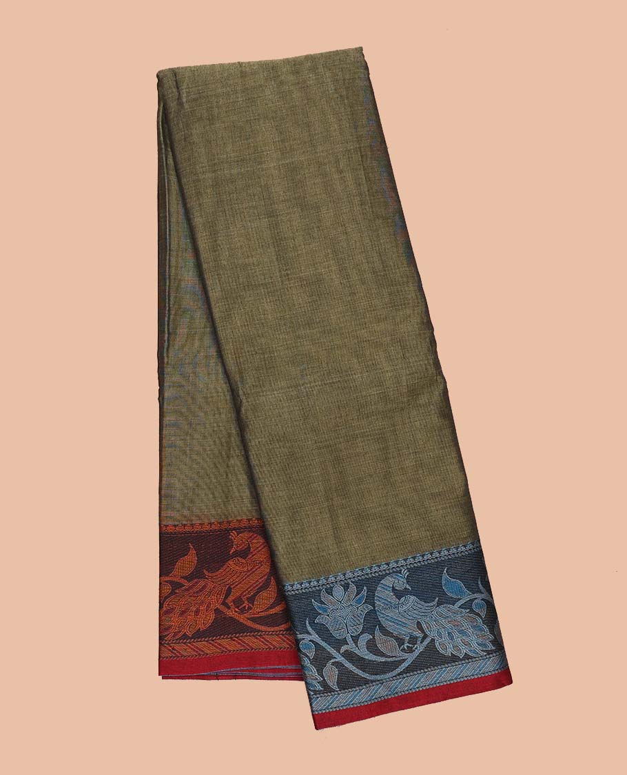 Green plain design Narayanapet cotton saree, contrast ganga jamuna leaf creeper border & striped pallu