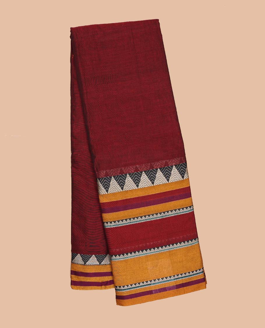 Red plain Narayanapet cotton saree, contrast traditional design border & striped pallu