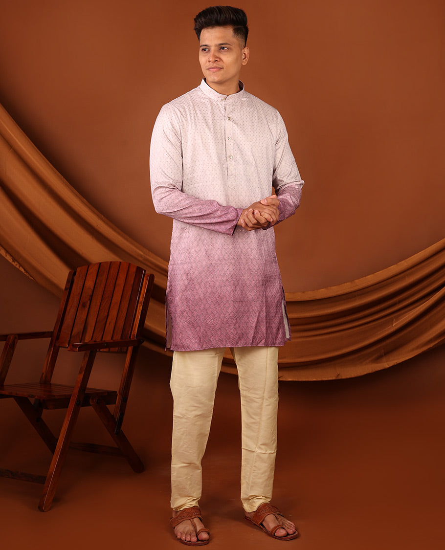 Off-White and Pink Ogee Patterned Ombre-Style Full-Sleeved Men's Kurta