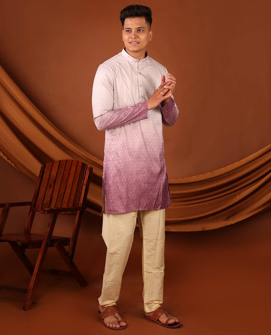Off-White and Pink Ogee Patterned Ombre-Style Full-Sleeved Men's Kurta