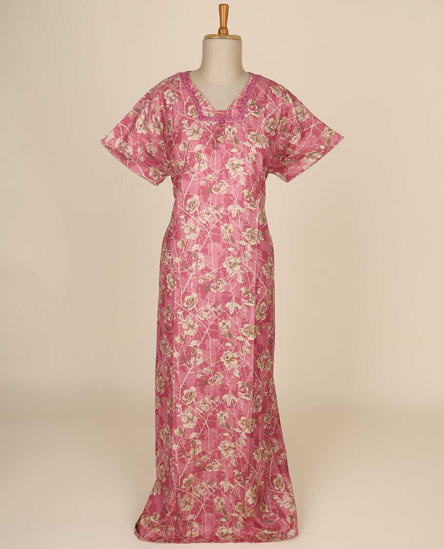 Red geometric printed and square neck cotton half-sleeve nighty