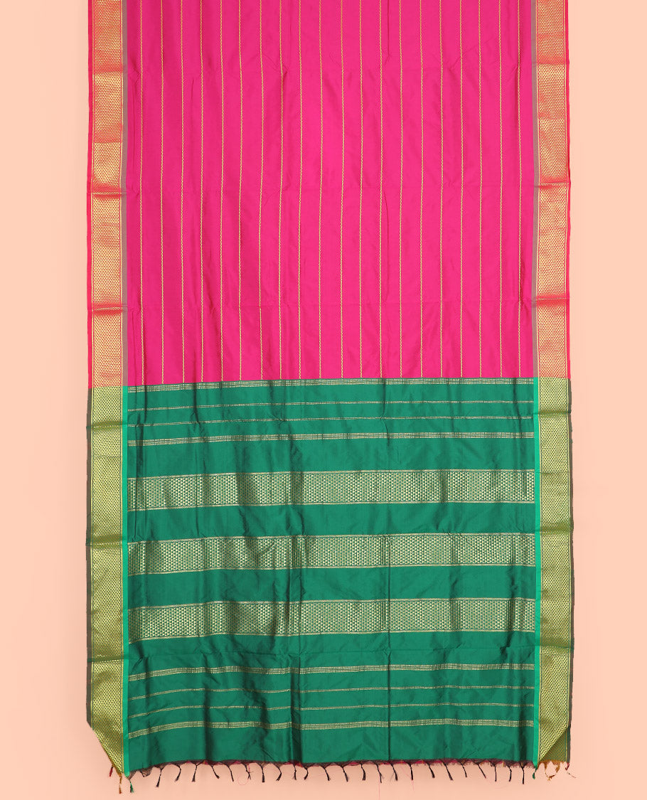 Pink Ten-Yard Art Silk Saree Decked Up with Neli Stripes on Its Body, Complemented by a Contrast Traditional Ara Maadam Border, and Pallu Elevated with Traditional Ara Maadam Designs