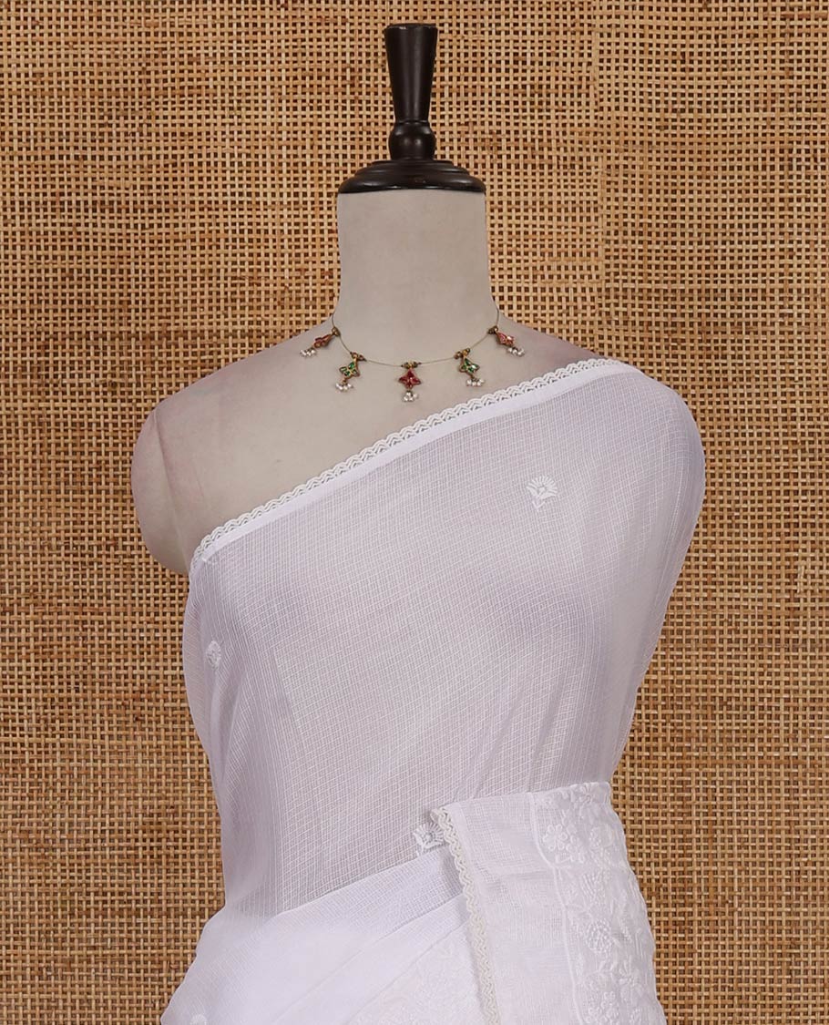 Cream floral motifs chikankari-style embroidered Kota checked saree, embroidered lace border & floral embroidered pallu