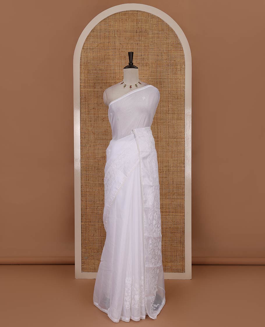 Cream floral motifs chikankari-style embroidered Kota checked saree, embroidered lace border & floral embroidered pallu