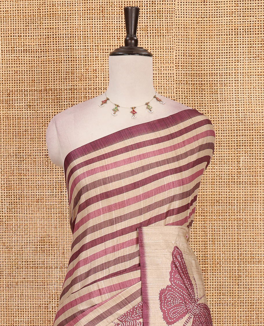 Maroon horizontal stripes printed soft tussar saree adorned with big butterfly motifs printed border and pallu, contrast blouse