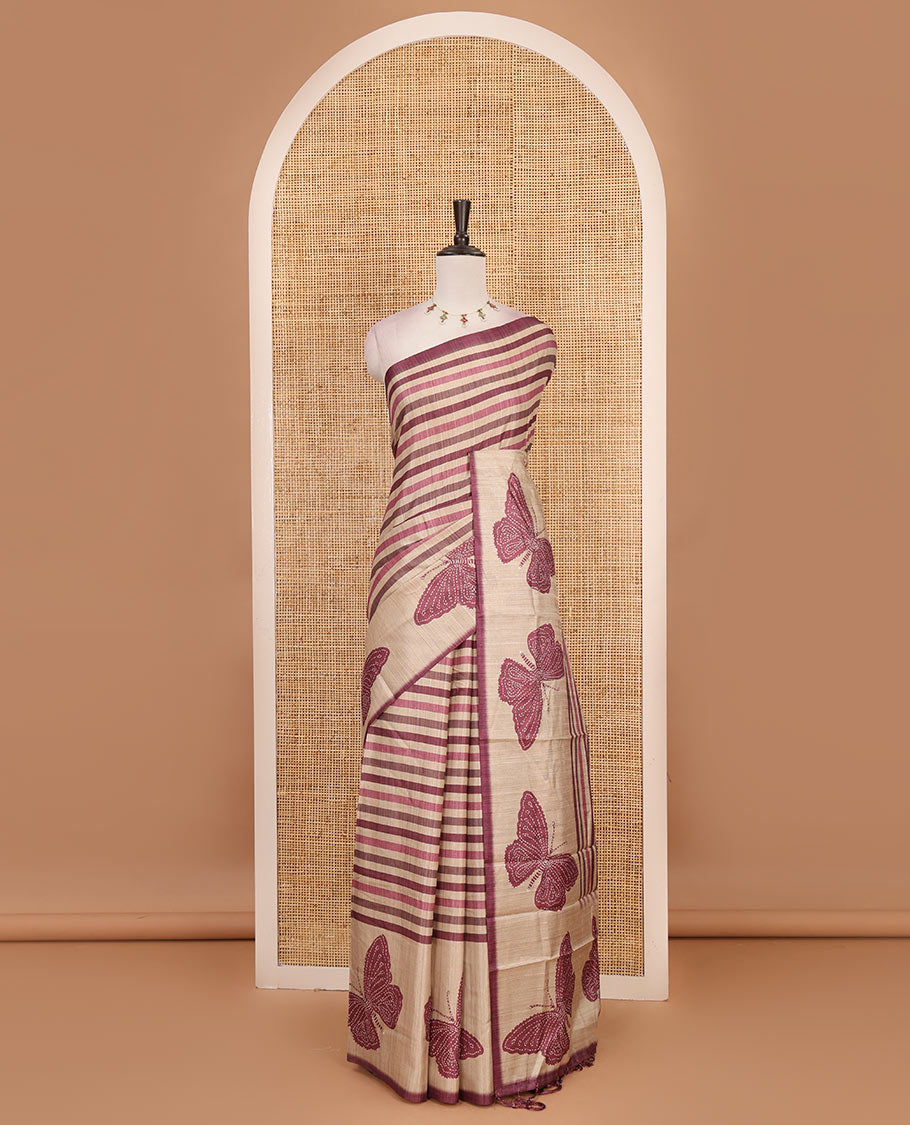 Maroon horizontal stripes printed soft tussar saree adorned with big butterfly motifs printed border and pallu, contrast blouse