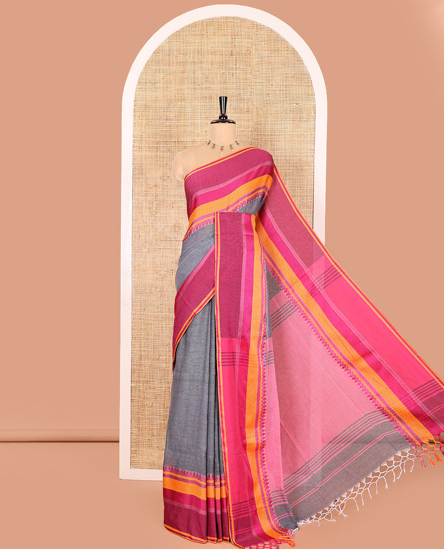 Grey-Pink Plain Khadi Mul Cotton Saree, Complemented by a Contrast Thread-Woven Border of Geometric Patterns, Contrast Plain Pallu, and Paired with a Matching Blouse
