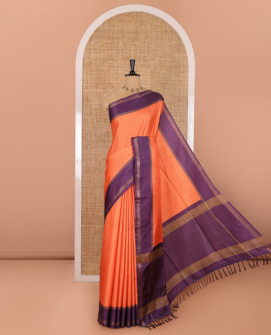 Orange Kanta Silk Saree, Delicately Woven with Dotted Kantha-Stitch Embroidery All Over Its Body, Complemented by a Contrast Border, Kantha-Stitch Embroidered Pallu, and Paired with a Contrast Blouse