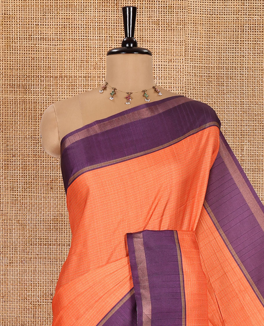 Orange Kanta Silk Saree, Delicately Woven with Dotted Kantha-Stitch Embroidery All Over Its Body, Complemented by a Contrast Border, Kantha-Stitch Embroidered Pallu, and Paired with a Contrast Blouse