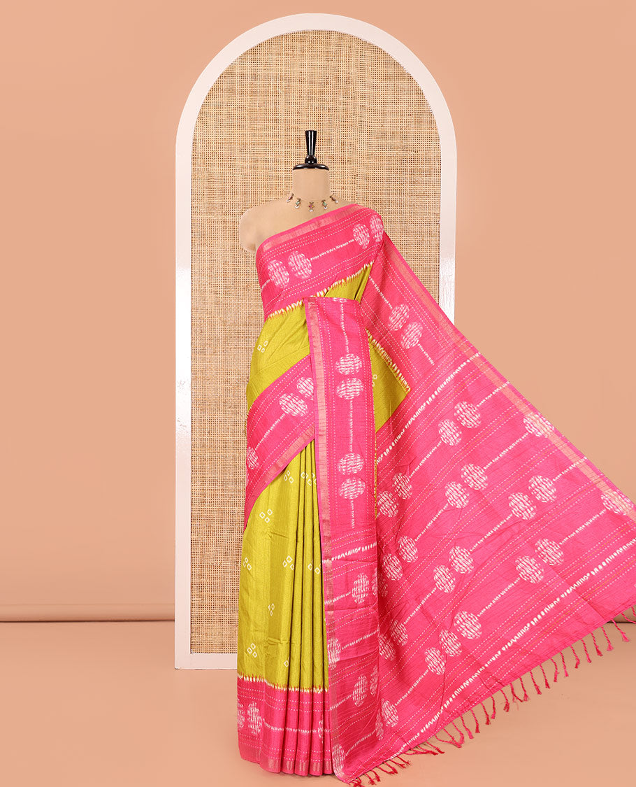 Green Manipuri Silk Saree, Elevated with Bandhani Buttas on Its Body, Complemented by a Contrast Border of Shibori Print and Kantha Thread Work, Pallu of Shibori Print, and Paired with a Contrast Blouse