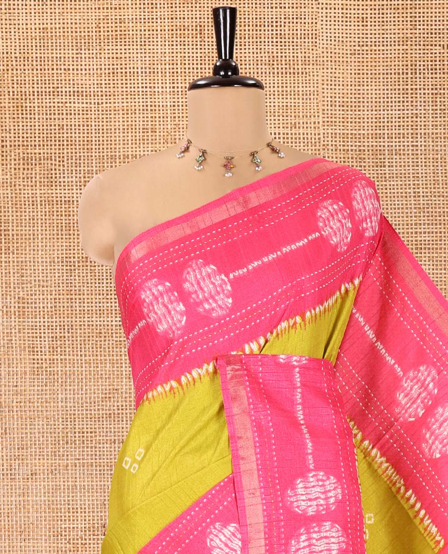 Green Manipuri Silk Saree, Elevated with Bandhani Buttas on Its Body, Complemented by a Contrast Border of Shibori Print and Kantha Thread Work, Pallu of Shibori Print, and Paired with a Contrast Blouse