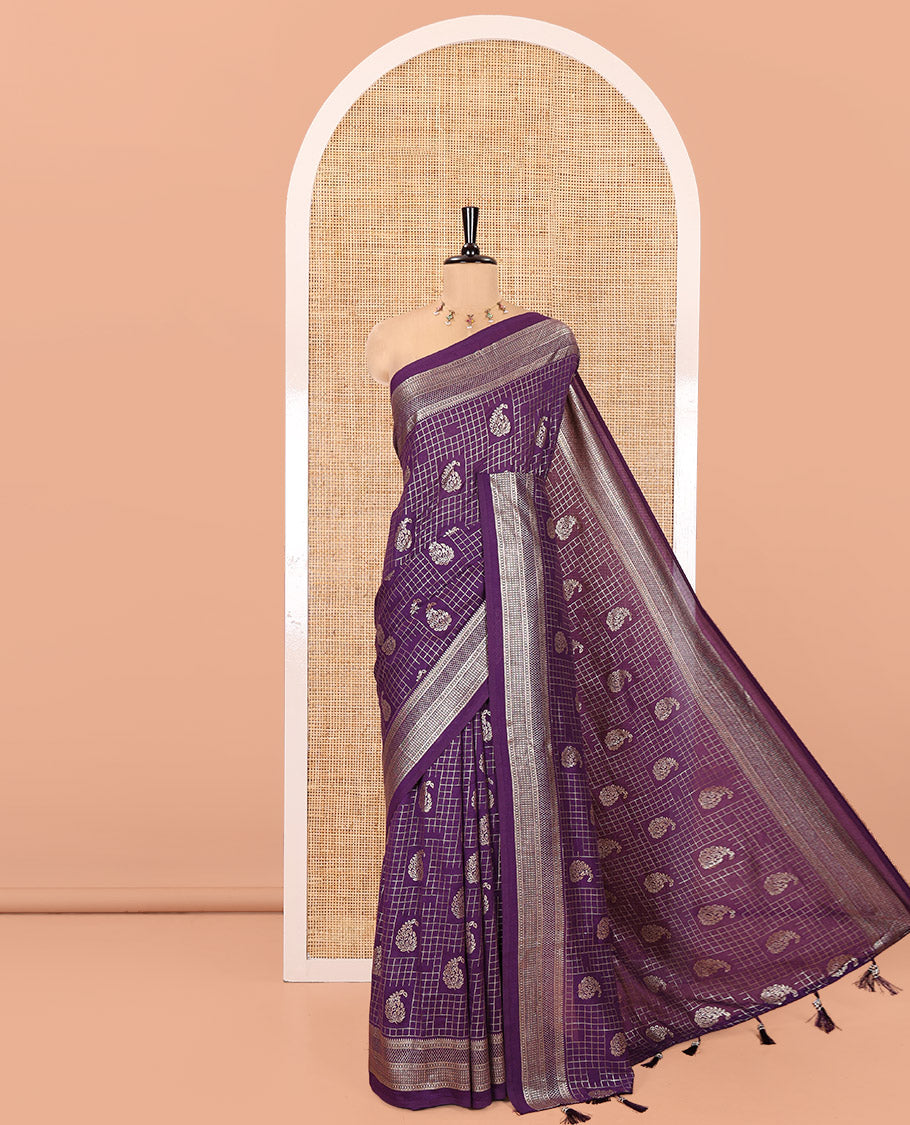 Violet Vichitra Silk Saree Features Checks and Paisley Buttas, Highlighted by a Traditional Zari Border and Contrast Embroidered Blouse