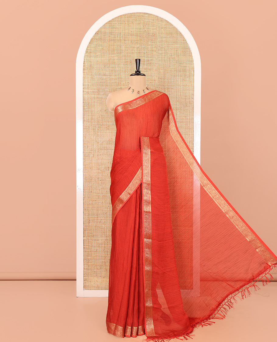 Red Plain Moss Chiffon Saree, Highlighted by a Zari Border of Paisley Designs, a Self-Pallu, and Has No Blouse