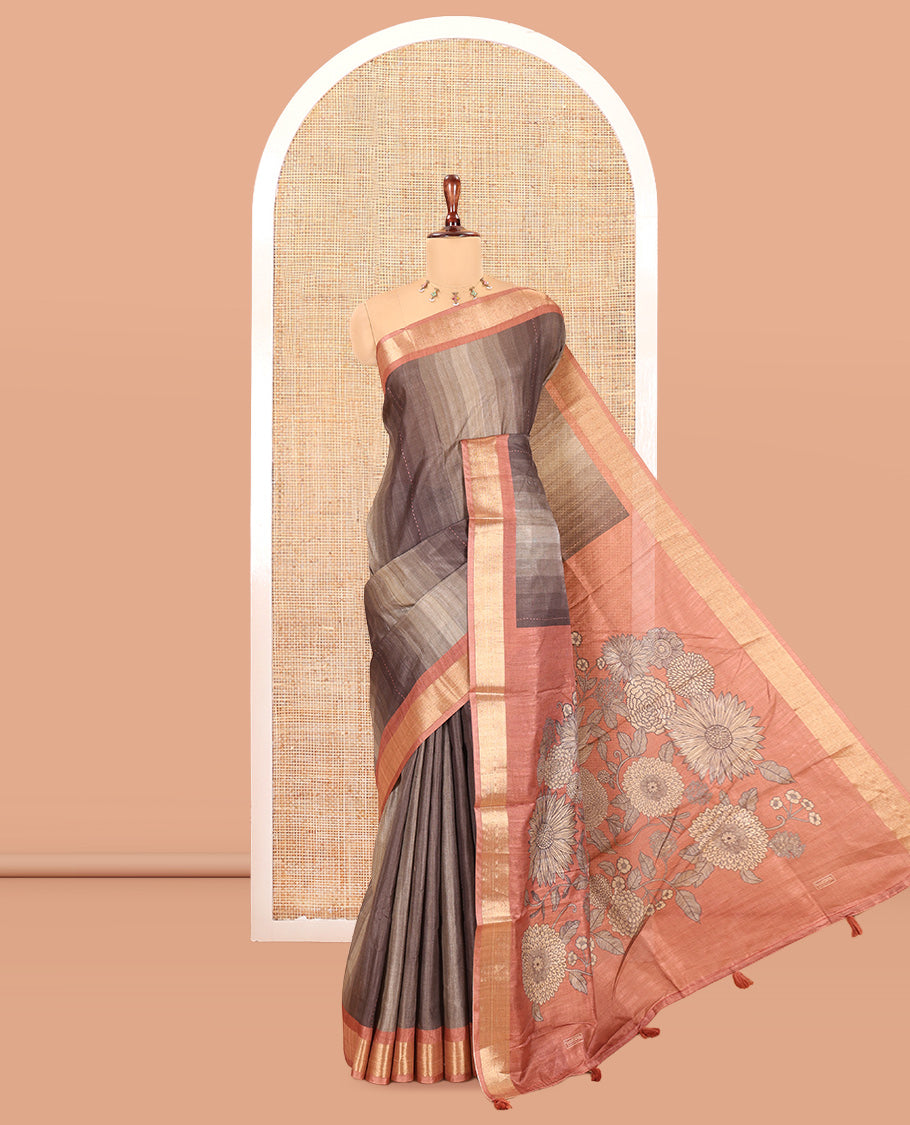 Dark Grey Striped Art Tussar Saree, a Contrast Zari Border, Floral Printed Pallu, and a Contrast Blouse