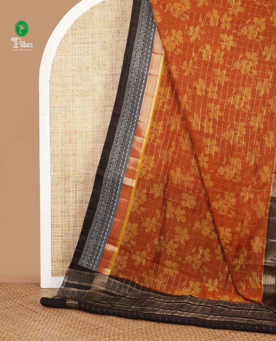 Mustard color checked & floral printed chanderi cotton saree, contrast zari & block printed border of diamond, bentex, floral creeper & paisley design along with zari striped pallu