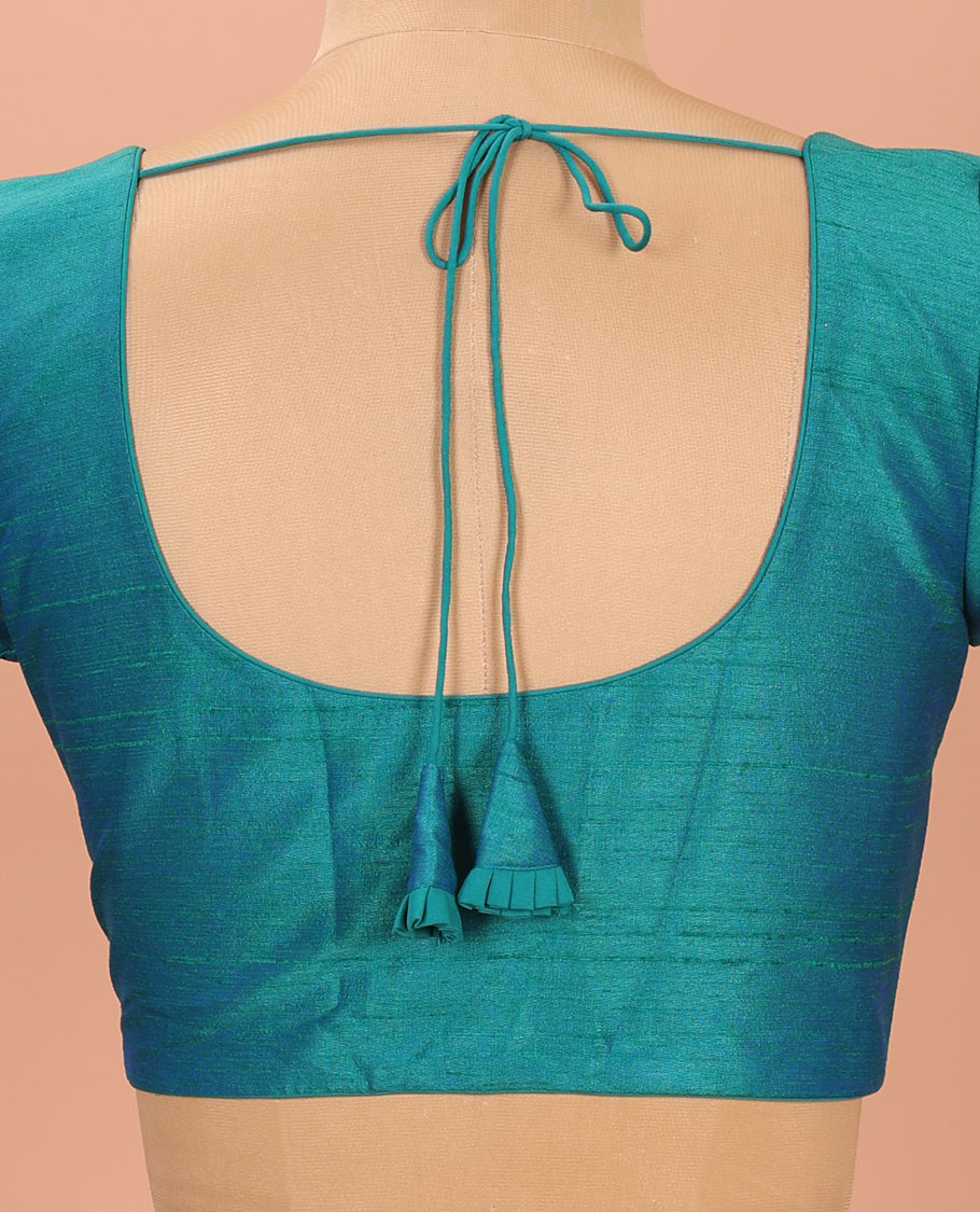 Peacock Blue Plain Readymade Blouse Featuring a Front Round-Neck, Back Round-Neck, and Elbow Sleeves