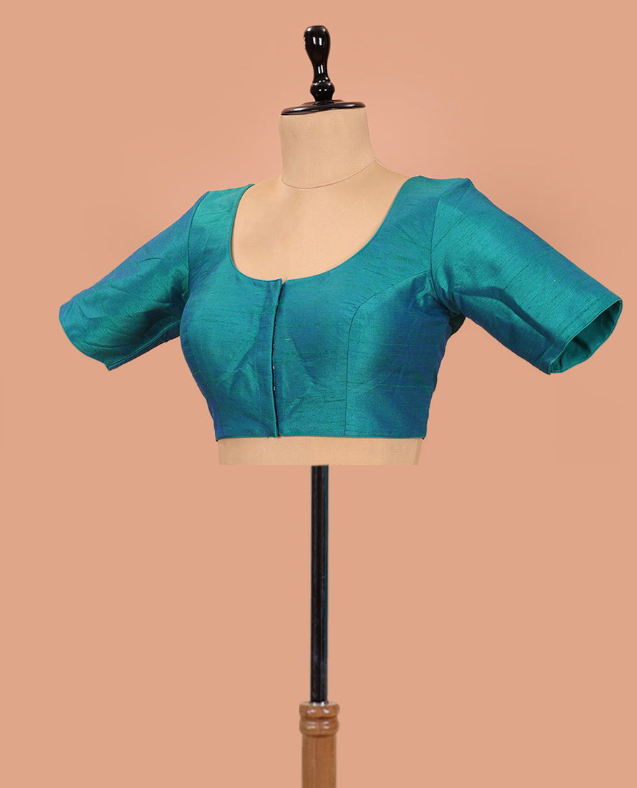 Peacock Blue Plain Readymade Blouse Featuring a Front Round-Neck, Back Round-Neck, and Elbow Sleeves