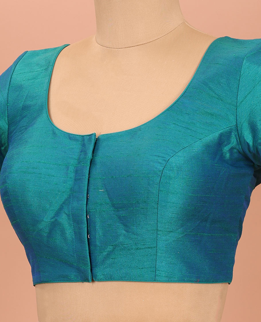 Peacock Blue Plain Readymade Blouse Featuring a Front Round-Neck, Back Round-Neck, and Elbow Sleeves