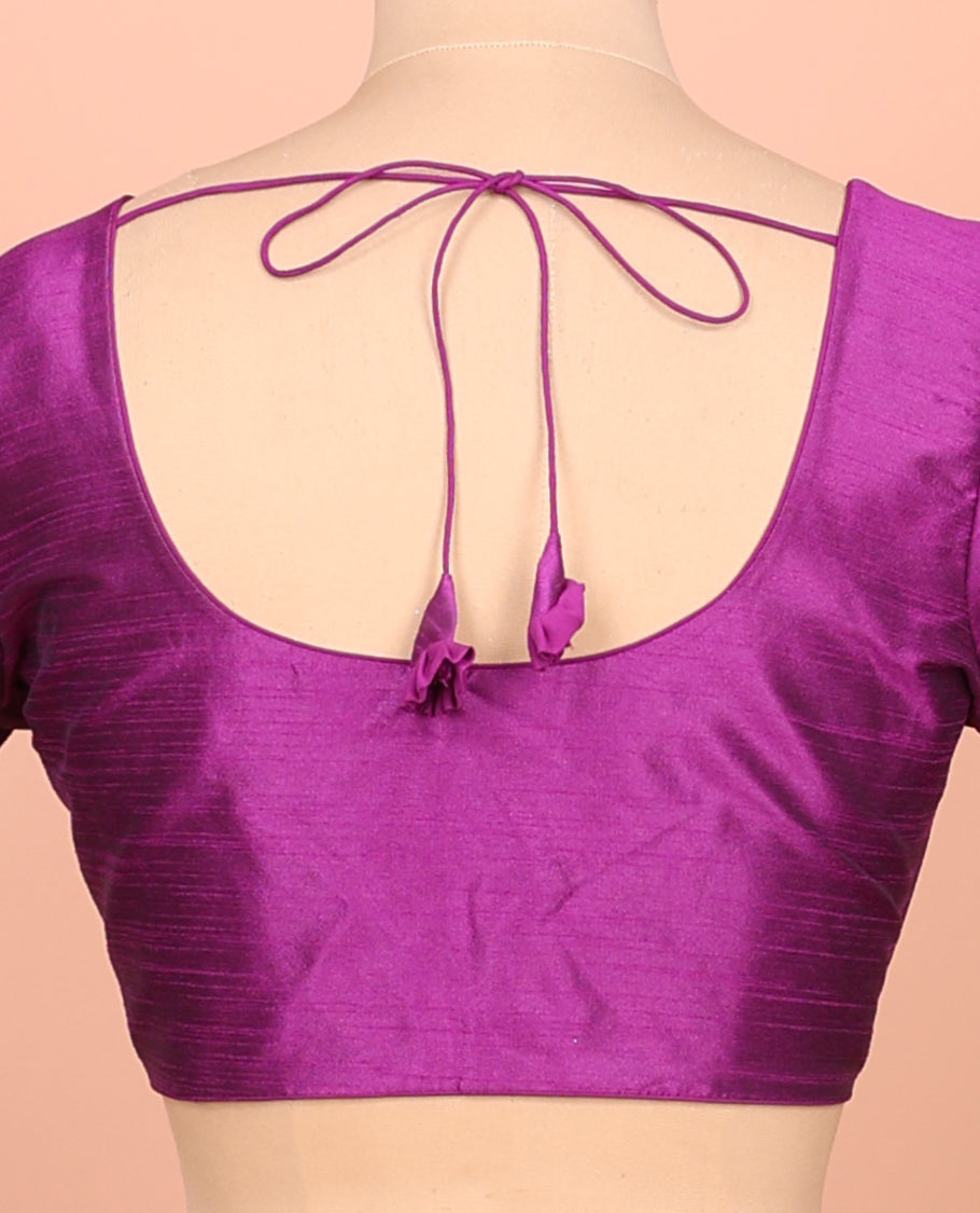 Purple Plain Readymade Blouse Featuring a Front Round-Neck, Back Round-Neck, and Half-Sleeves