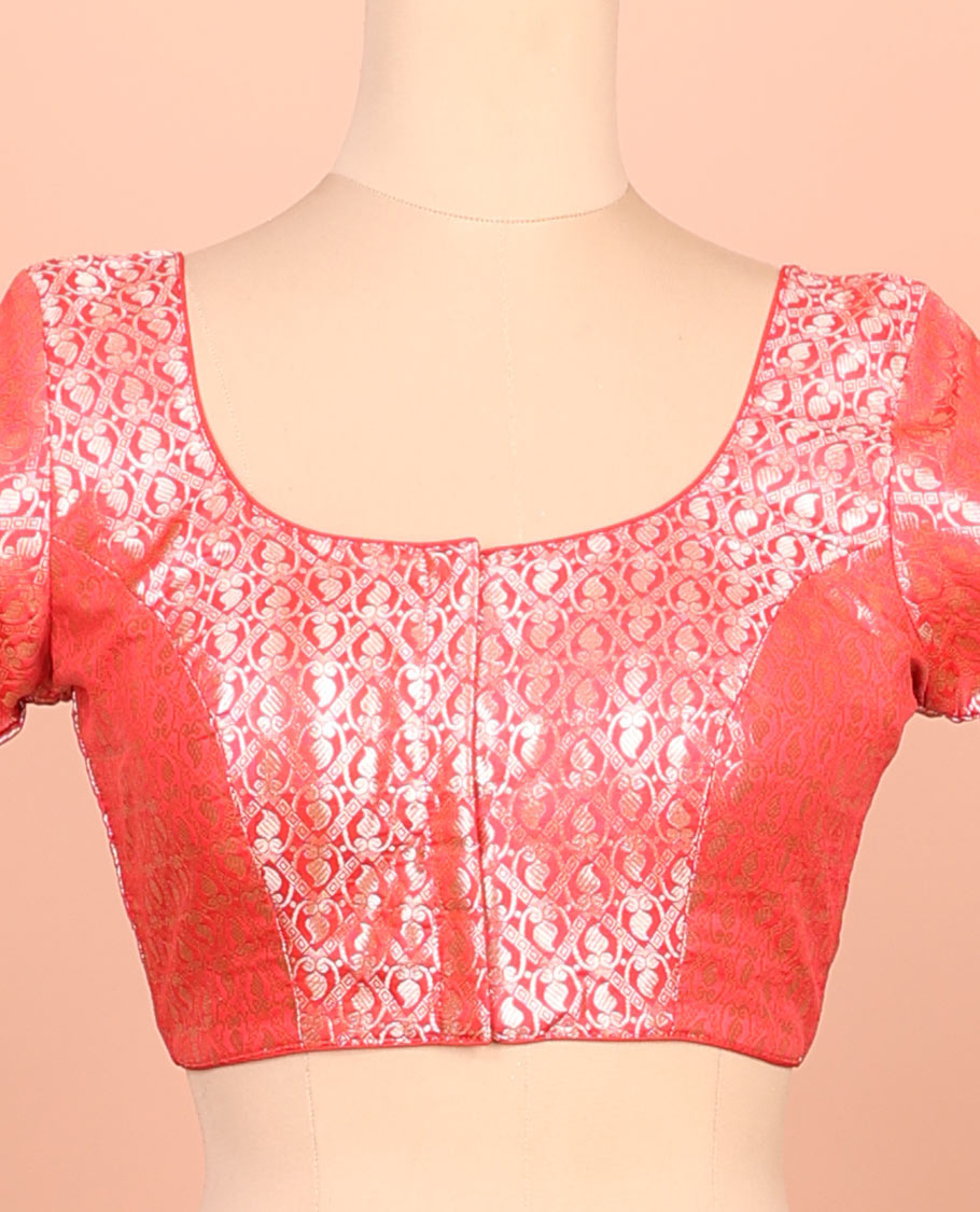 Red paisleys-theme jacquard front-back round neck elbow-sleeve readymade blouse