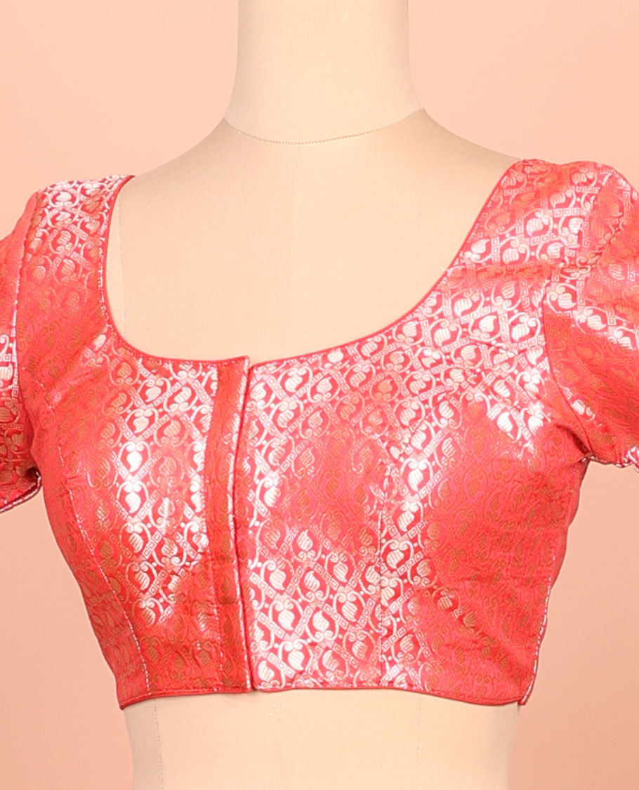 Red paisleys-theme jacquard front-back round neck elbow-sleeve readymade blouse