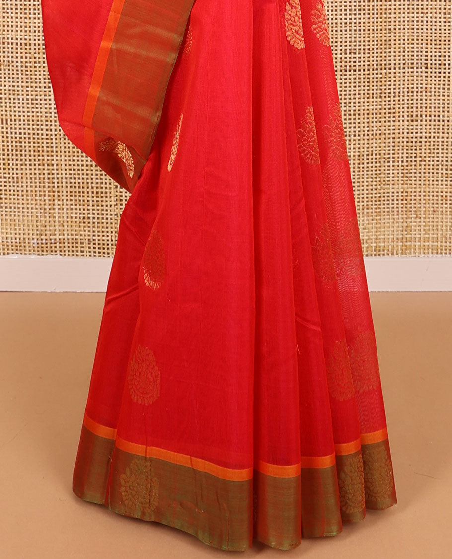 Red floral design silk cotton saree with contrast zari design border & jaal design pallu