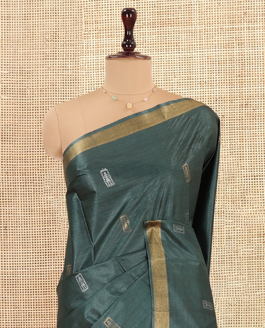 Green Tussar Saree, Mesmerized with Buttas, a Subtle Zari Border, Pallu of Intricate Designs, and a Matching Blouse