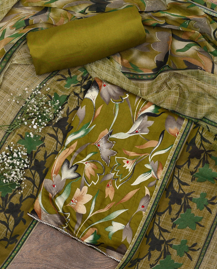 Green material chudidar set, abstract floral print with French knot work top, plain bottom, and dupatta of checks and floral print