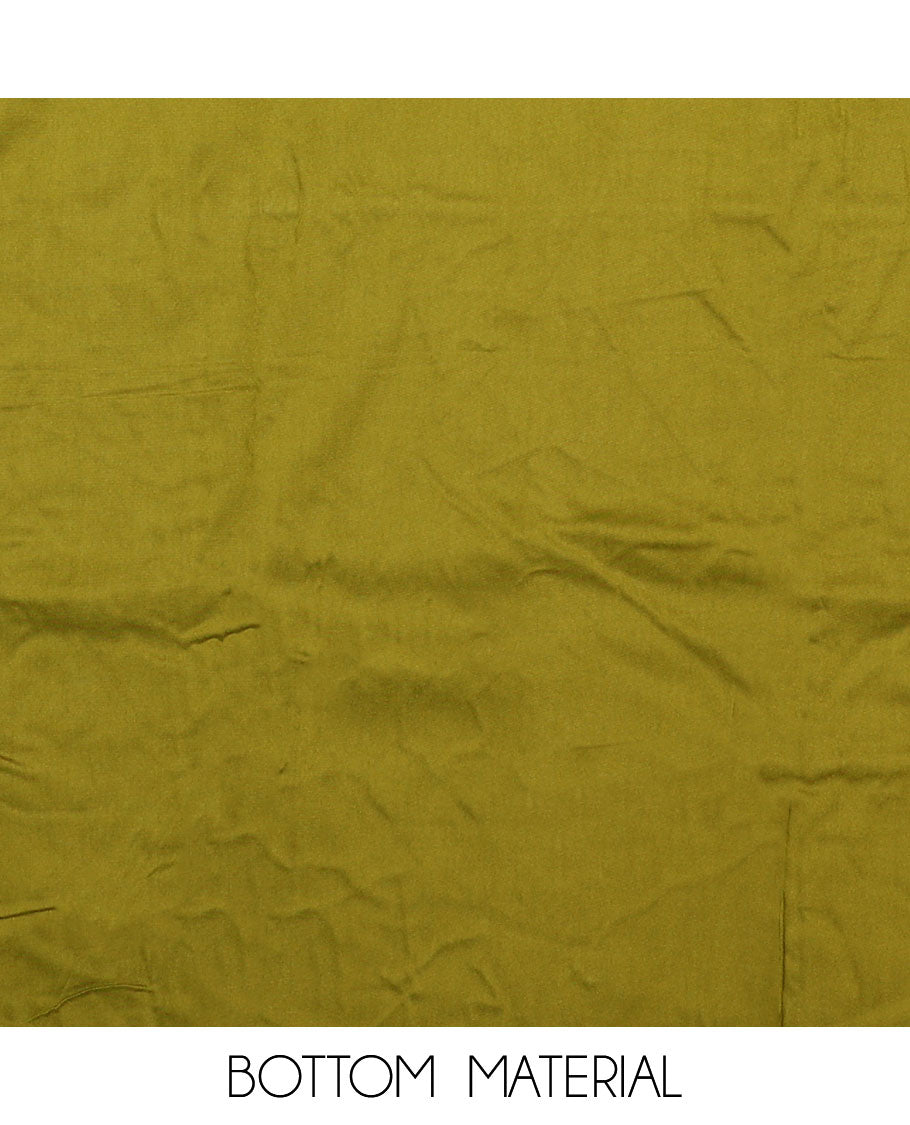 Green material chudidar set, abstract floral print with French knot work top, plain bottom, and dupatta of checks and floral print