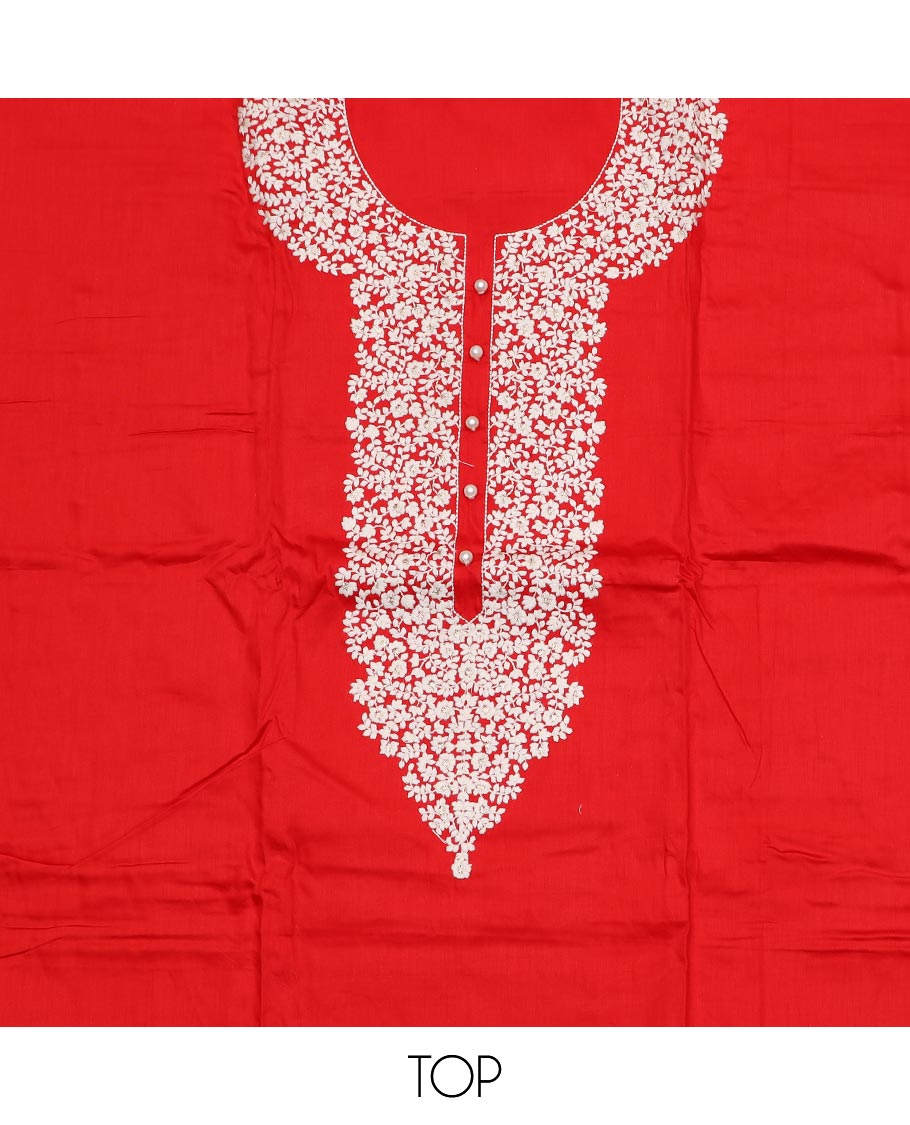 Red material chudidar set, white floral vine neck embroidered top, contrast plain bottom and chex dupatta of unique motifs printed