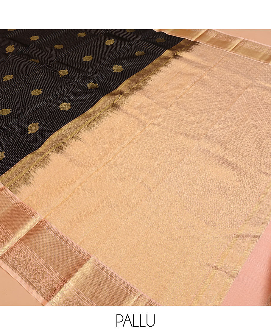 Black Vasundhara Lite Silk Mix Saree, Beautifully Bedecked with Zari Buttas, Complemented by a Contrast Border of Rekku, Banaras, Neli, Mayil Kann, and Mayil Designs, Grandly Jaal Design Pallu, and Paired with a Contrast Blouse