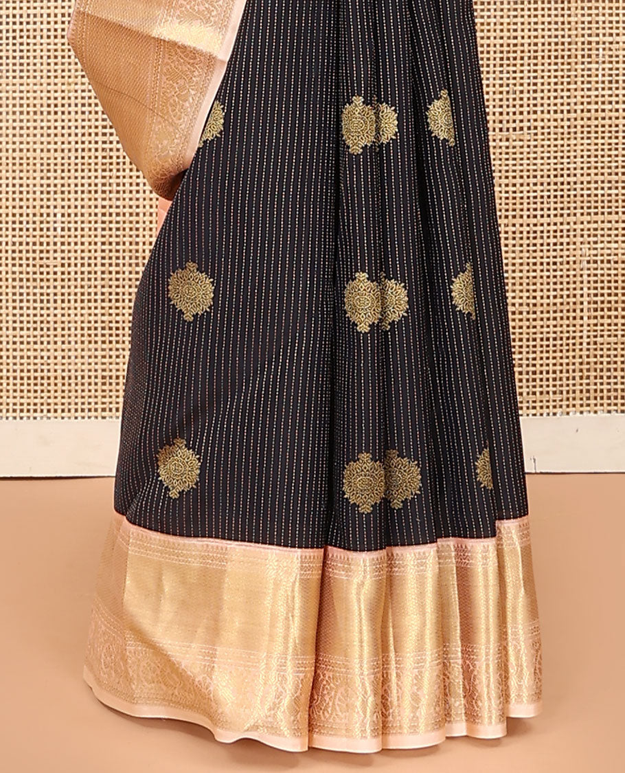 Black Vasundhara Lite Silk Mix Saree, Beautifully Bedecked with Zari Buttas, Complemented by a Contrast Border of Rekku, Banaras, Neli, Mayil Kann, and Mayil Designs, Grandly Jaal Design Pallu, and Paired with a Contrast Blouse