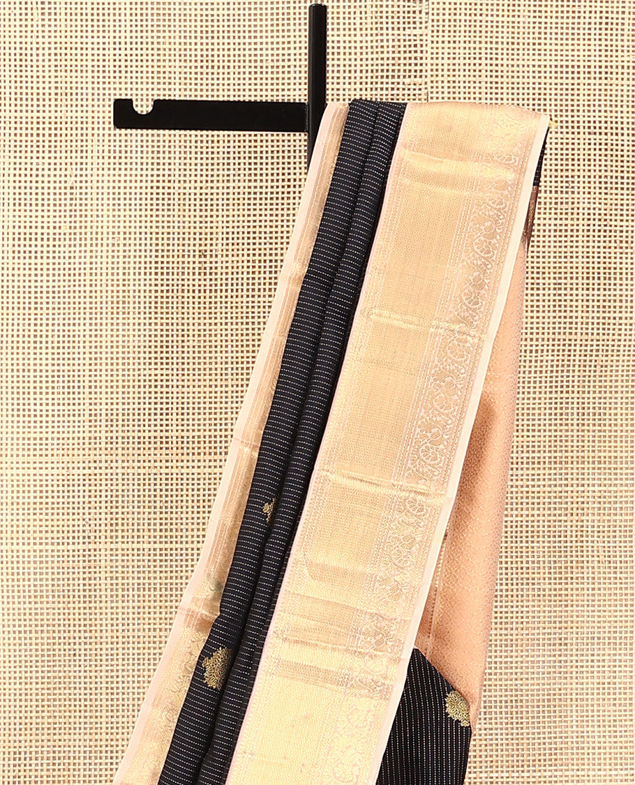 Black Vasundhara Lite Silk Mix Saree, Beautifully Bedecked with Zari Buttas, Complemented by a Contrast Border of Rekku, Banaras, Neli, Mayil Kann, and Mayil Designs, Grandly Jaal Design Pallu, and Paired with a Contrast Blouse