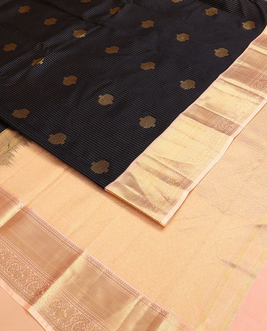 Black Vasundhara Lite Silk Mix Saree, Beautifully Bedecked with Zari Buttas, Complemented by a Contrast Border of Rekku, Banaras, Neli, Mayil Kann, and Mayil Designs, Grandly Jaal Design Pallu, and Paired with a Contrast Blouse
